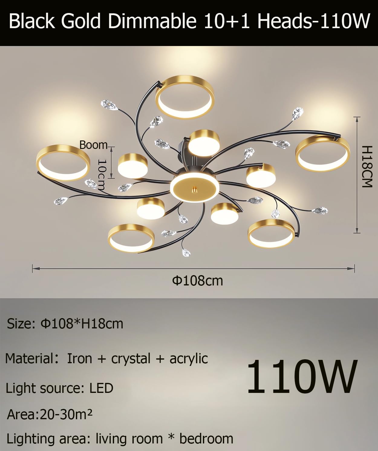 Luce a sospensione di cristallo LED dimmerabile con telecomando regolabile 3000K-6000K 110W Plafoniera a più teste per soggiorno, camera da letto e sala da pranzo (10+1 teste)