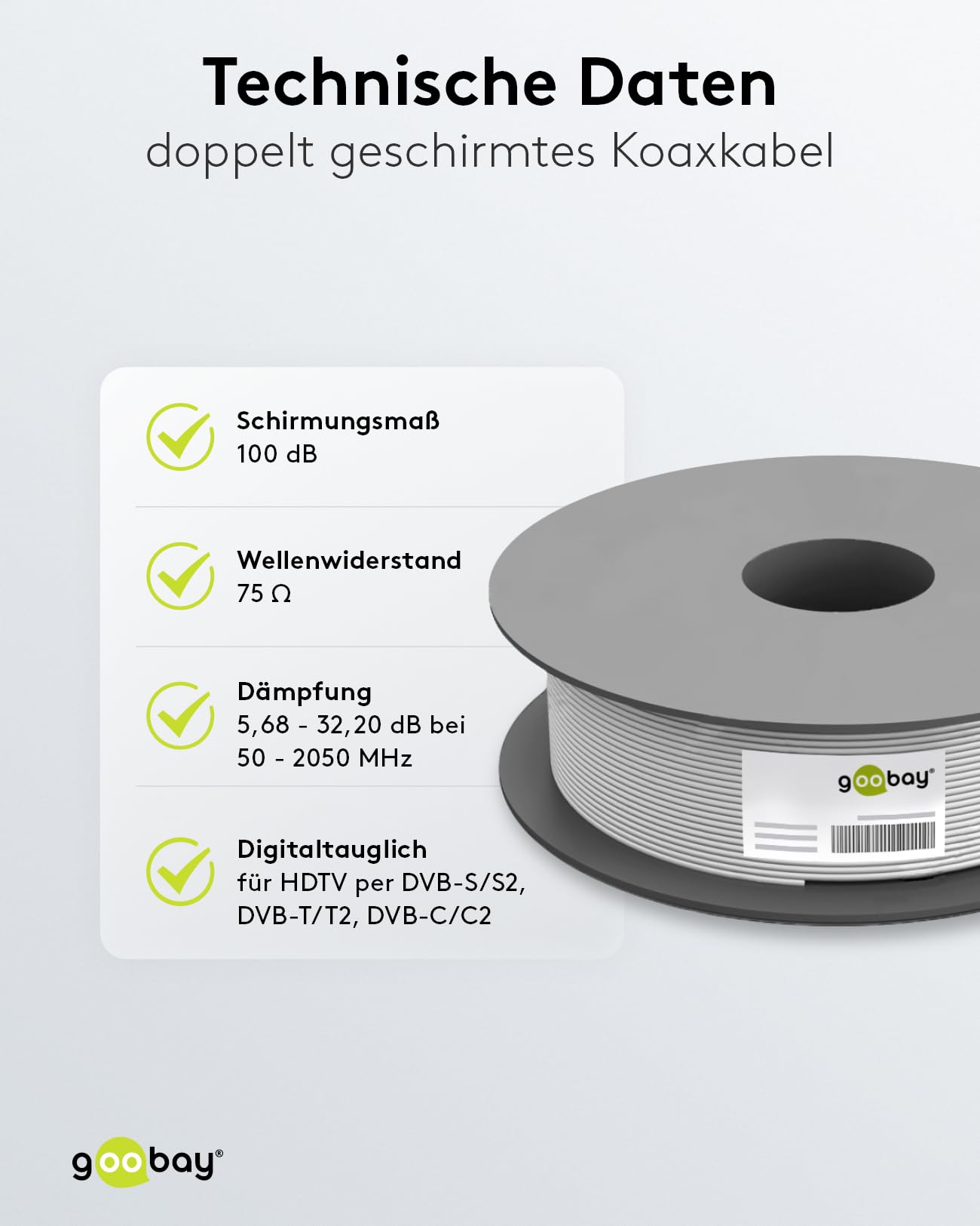 Goobay 27528 100 dB Câble d'antenne Coaxial, 2x Blindé, CCS, Blanc, 100m Longueur