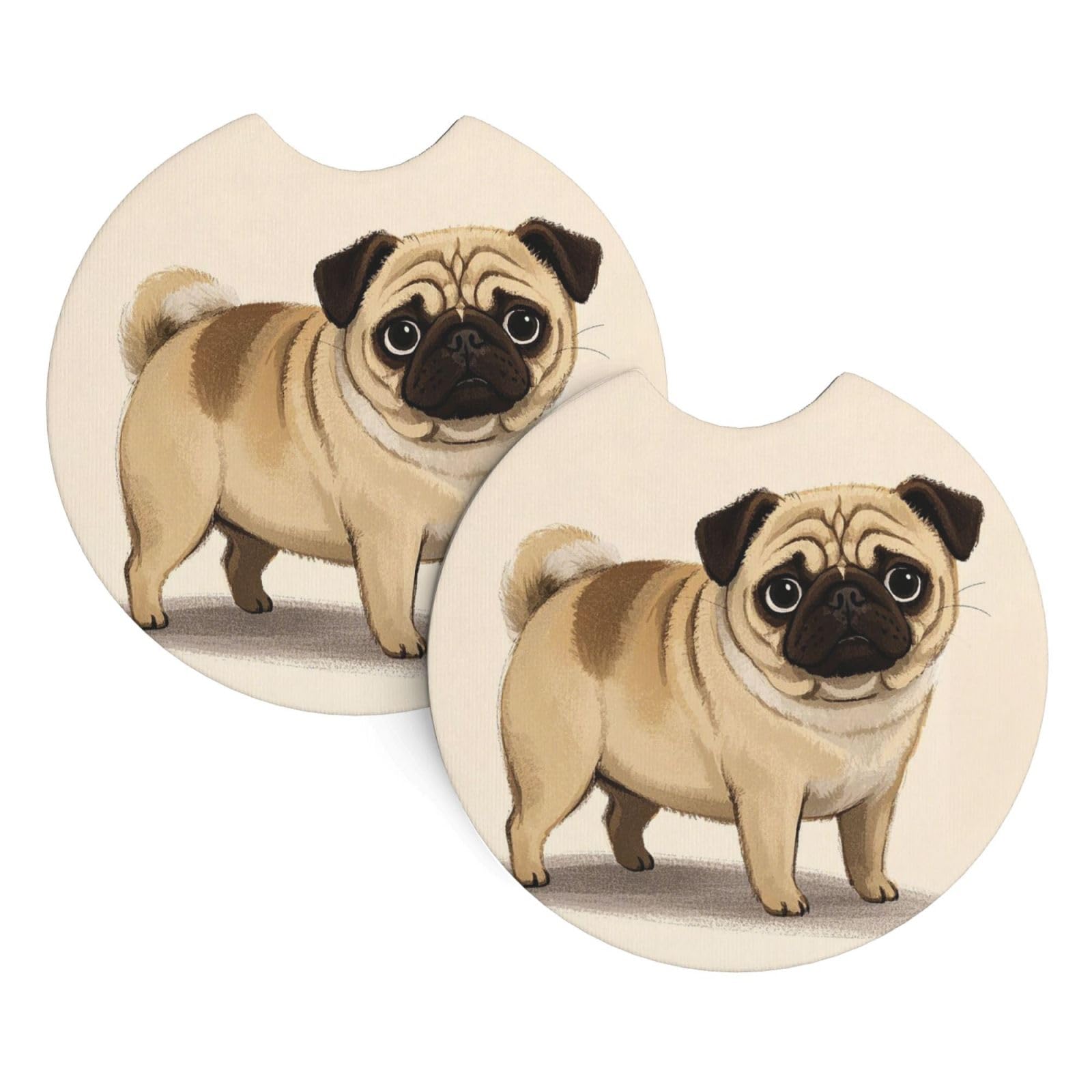 2PCS Car Coaster for Cup Holders Universal Auto Cup Mat Cartoon Pug Cup Coaster Pad 2.7" Waterproof Neoprene Non-Slip Cup Holder Coasters Car Interior Accessories for Women Men