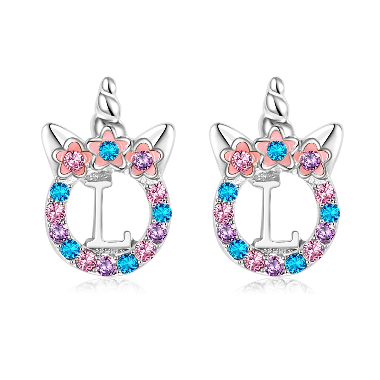 TRWWELL Cute Initial Unicorn Hypoallergenic Stud Earrings Rhinestone Initial Letter Stud Earrings for Girls Unicorns Jewelry Gifts for Kids