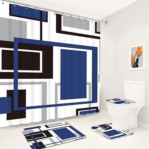 KINUUIS Juego de 4 cortinas de ducha de baño azul marino y gris, juego de baño moderno minimalista con alfombras y accesorios, cortina de ducha