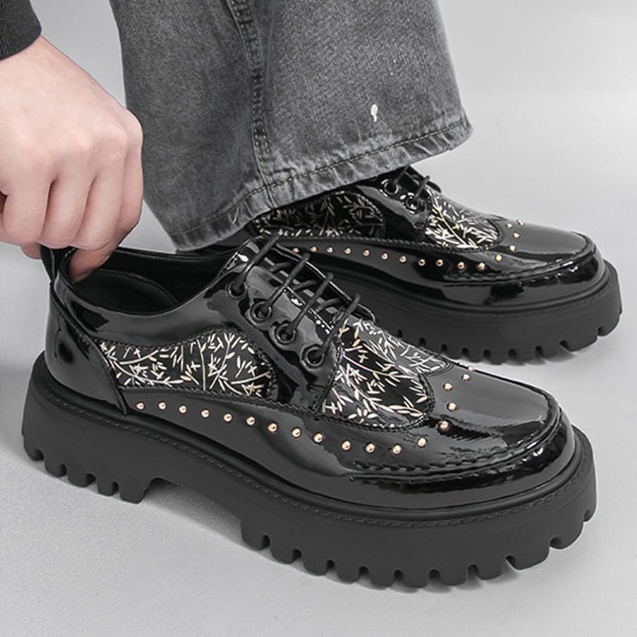 Image of Men's Patent Leather Platform Dress Shoes Classic Round Toe Thick Lug Sole Lace Up Oxfords Comfort Block Heel Derby Business Casual Shoes