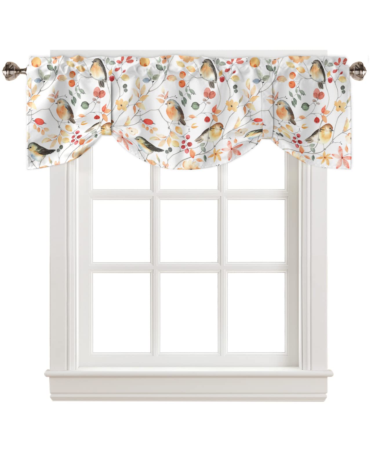 Thanksgiving Fall Robin Bird Tie Up Curtains Valance for Living Room, Rod Pocket Plants Orange Leaf Wildflower Valances Windows Treatments Curtains for Bedroom, Kitchen, Farmhouse, 54" W x 18" L