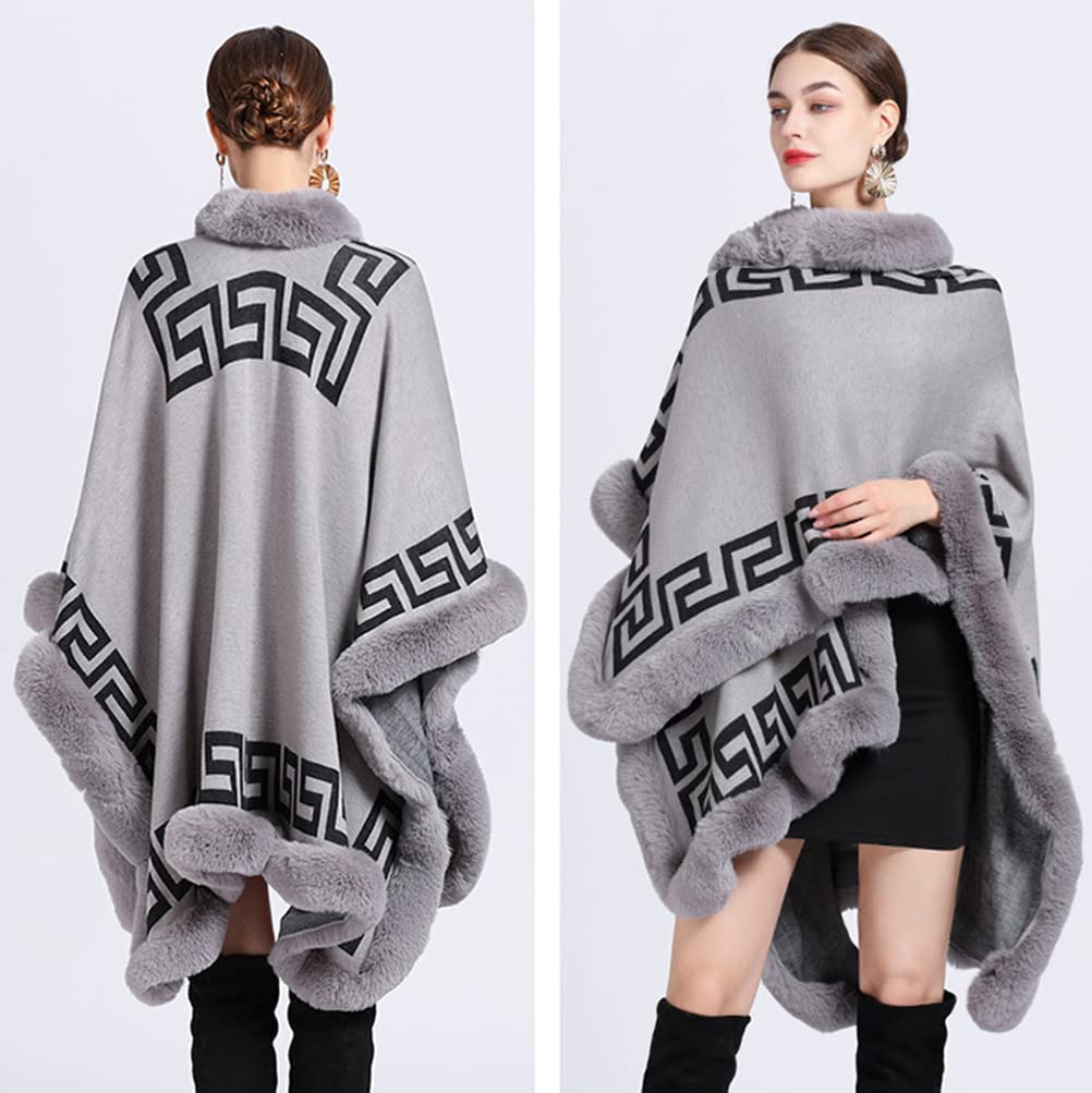 Autunno Inverno Donne Fine Knit Sciarpa Collare Capo Cardigan con Faux Fur Trim Layers Poncho, Faux Rabbit Fur Capo Wrap Scialle Cappotto di Lana