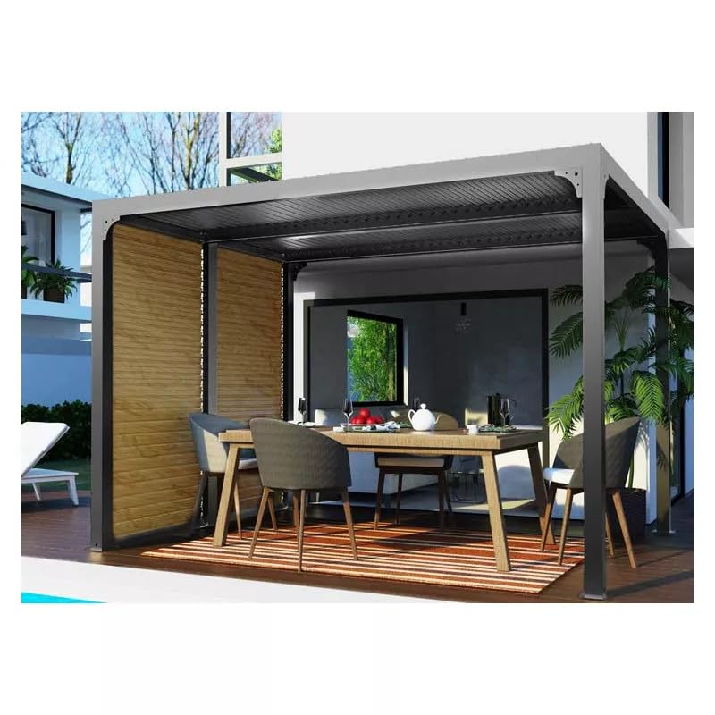 Pergola bioclimatique Habrita Foresta PER2430VBBI Aluminium 7,2m2 Gris Anthracite avec ventelles latérales Mobiles Imitation Bois pour côté 3m