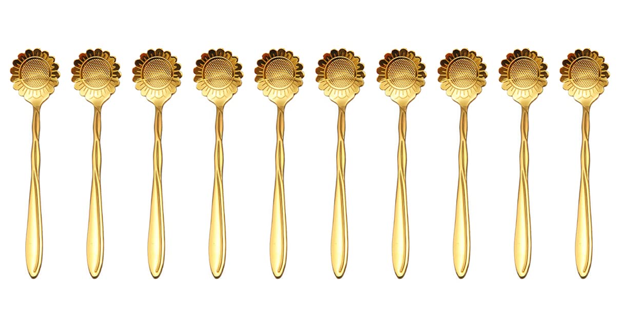 10 Pieces Stainless Steel Flower Spoon, Creative Gold Dessert Spoons, Coffee Spoons, Coffee Stirrers, Tea Spoon, Sugar spoon, Ice Cream Spoon (Sunflower)