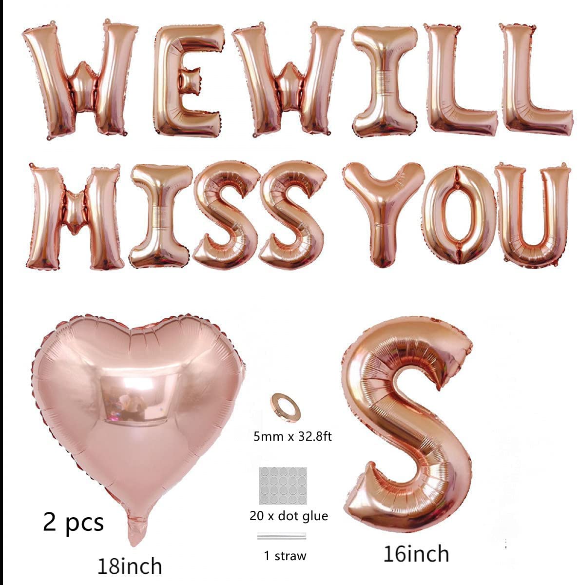 DUXUANT 'We Will Miss You' Balloons Flag Set (Rose Gold, 16" & 18" Heart Balloons, 25 Pieces, Reusable - Image 2