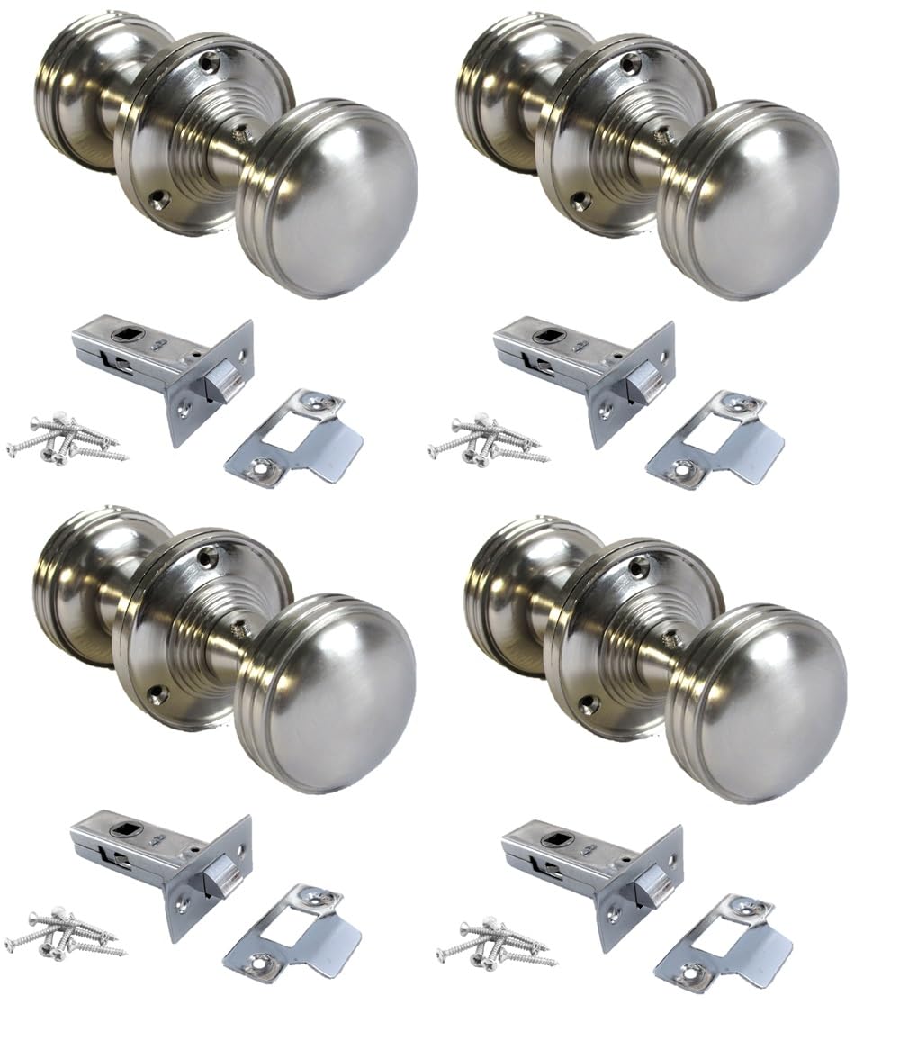 Epsom Door Handle Satin Nickel Round Door Knob Set Including Tubular Latch - Heavy Reeded Style Sprung Internal External Door Knobs for Mortice Locks Tubular Latches. Sets 4