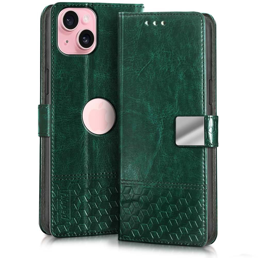 FLIPPED Hand Stitched Honeycomb Dual Design Back Flip Cover Case for Apple iPhone 15 (Shock Proof | Leather Finish | Wallet Case Card Holders & Stand) - Tanned Green (B0CK1YYX99) Amazon Price History, Amazon Price Tracker