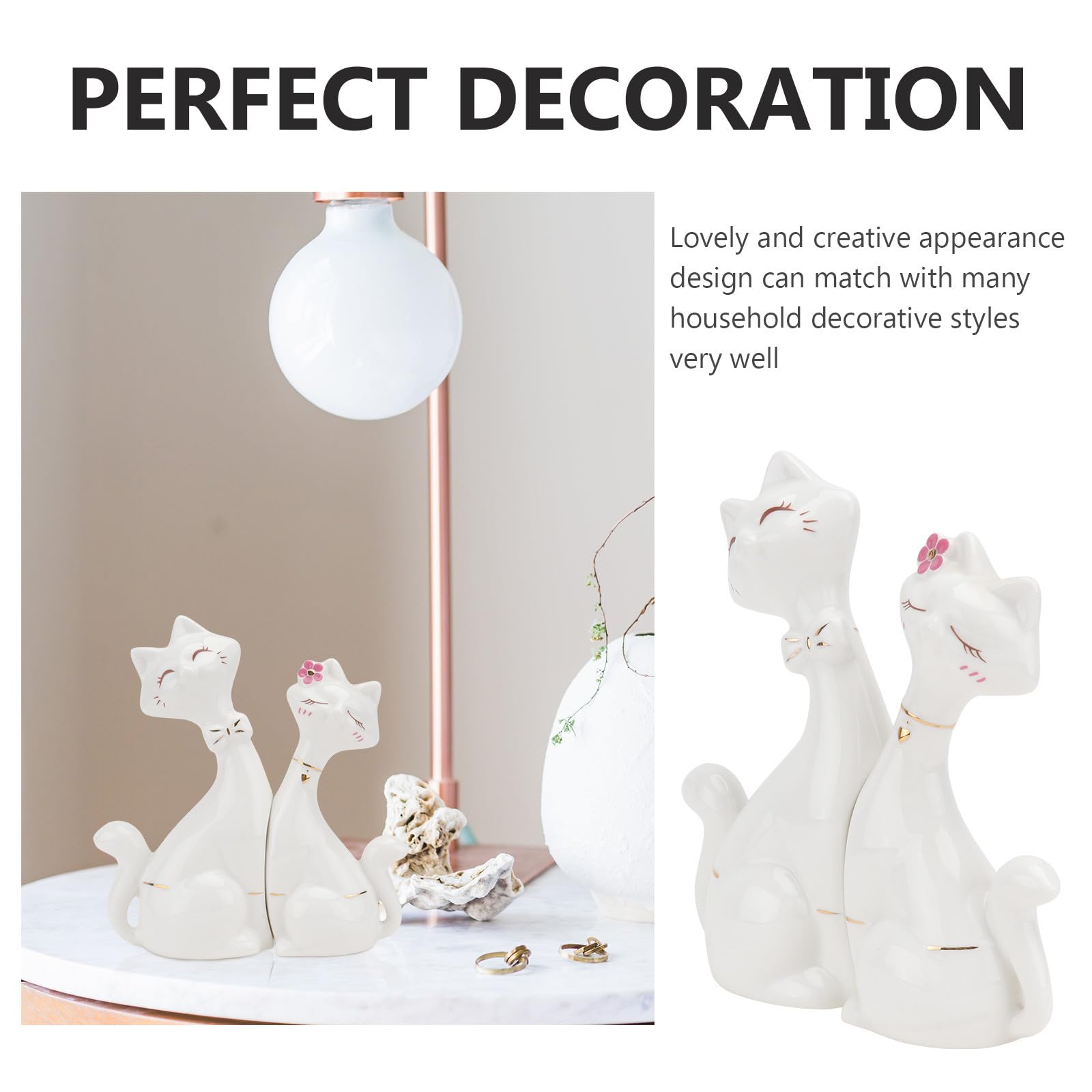 Set di 2 Statuette di Gatto in Ceramica Bianca, Decorazione per Soggiorno e Cucina, Dimensioni Contenute, Adatto a Spazi Moderni e Ufficio