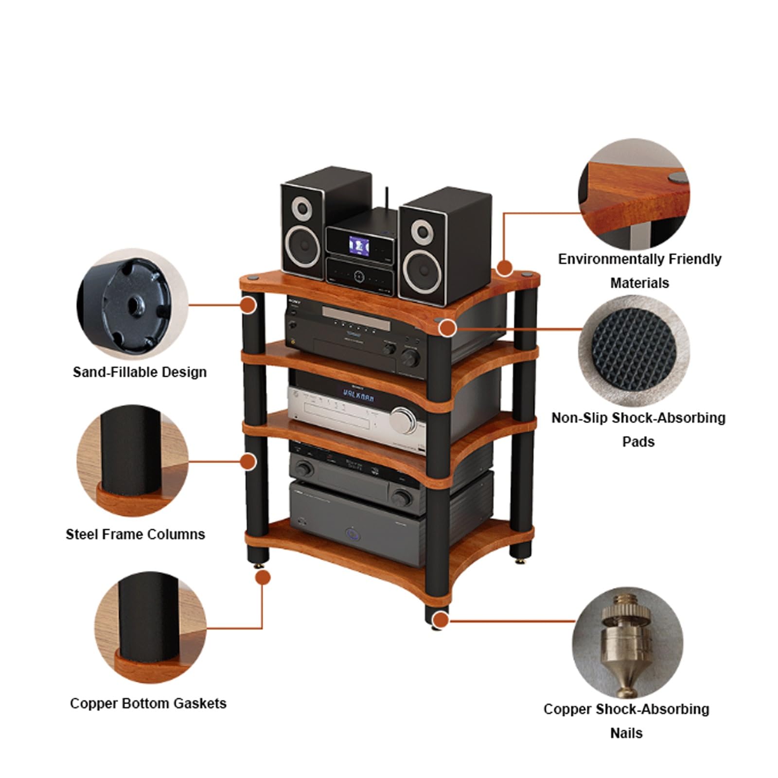 Meuble Hi-FI à 3 Niveaux avec Pieds amortisseurs, Rack Audio-vidéo en Bois pour Platine CD et Vinyle, élégant Meuble de Salon, Finition Noire, Support Robuste pour équipement Audio.