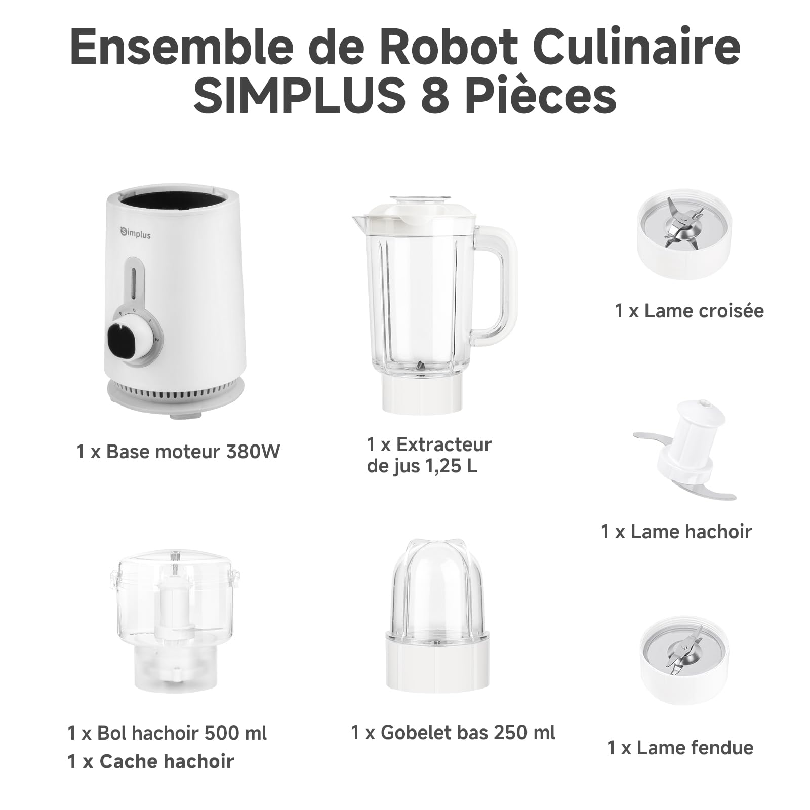 SIMPLUS Blender Mixeur 3 en 1, Robot Culinaire avec Hachoir 500ml, Moulin à Café 300ml, Bol 1.25L, Lames 304, 3 Vitesses, Sécurité, Blanc