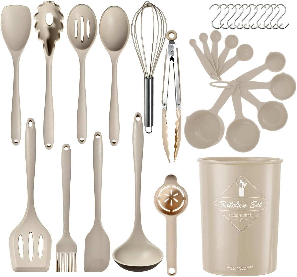 Purecas Food-Grade Silicone Kitchen Utensil Set with Holder, Cooking and Baking Tools, Measuring Cups and Spoons, Heat Resistant to 220°C, Dishwasher Safe, Non-Stick Pan Friendly (32, Khaki)