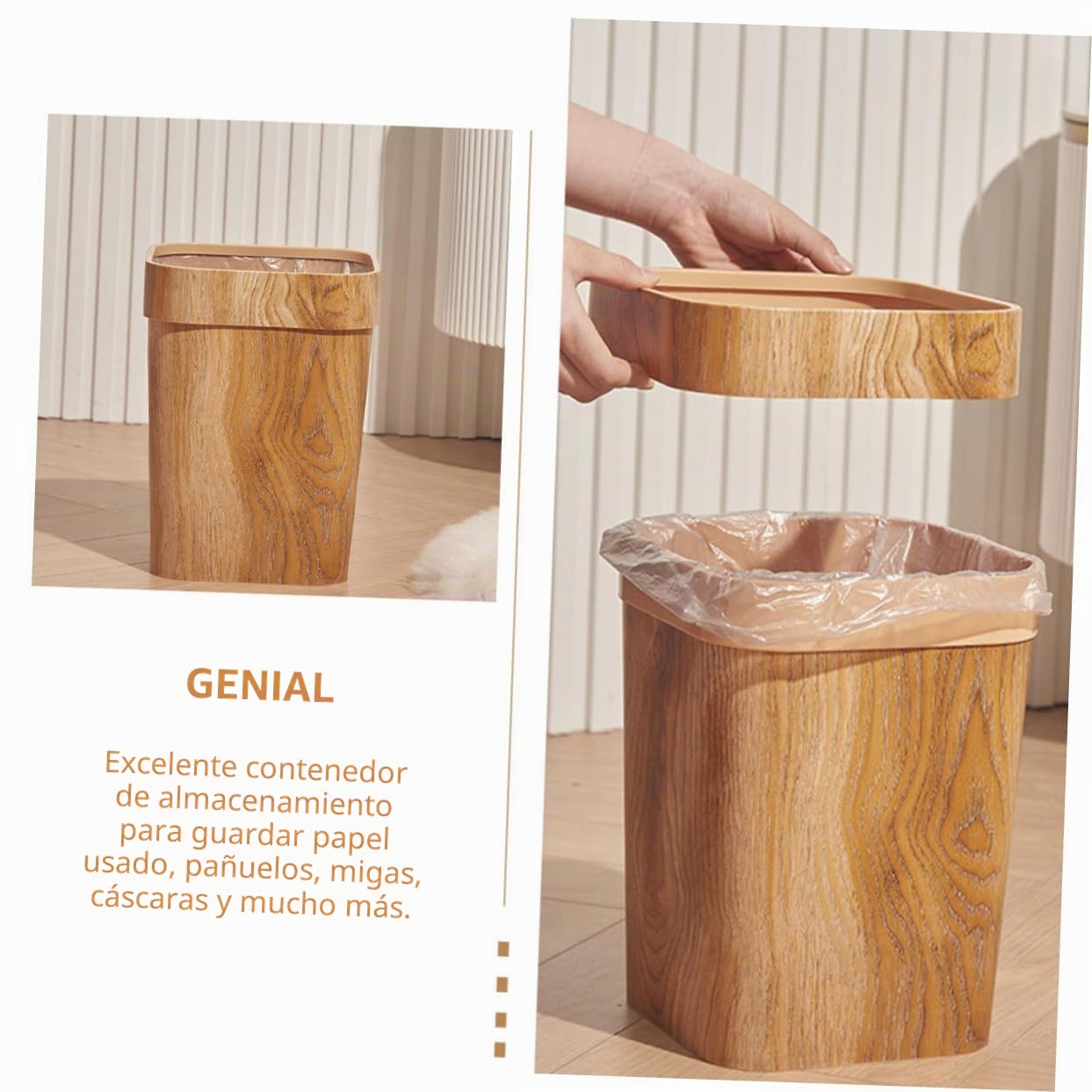 Artibetter Papelera de Gran Capacidad Nórdico con Diseño de Madera Cubo de Basura Cuadrado para Cocina Baño y Salón Contenedor Multiusos