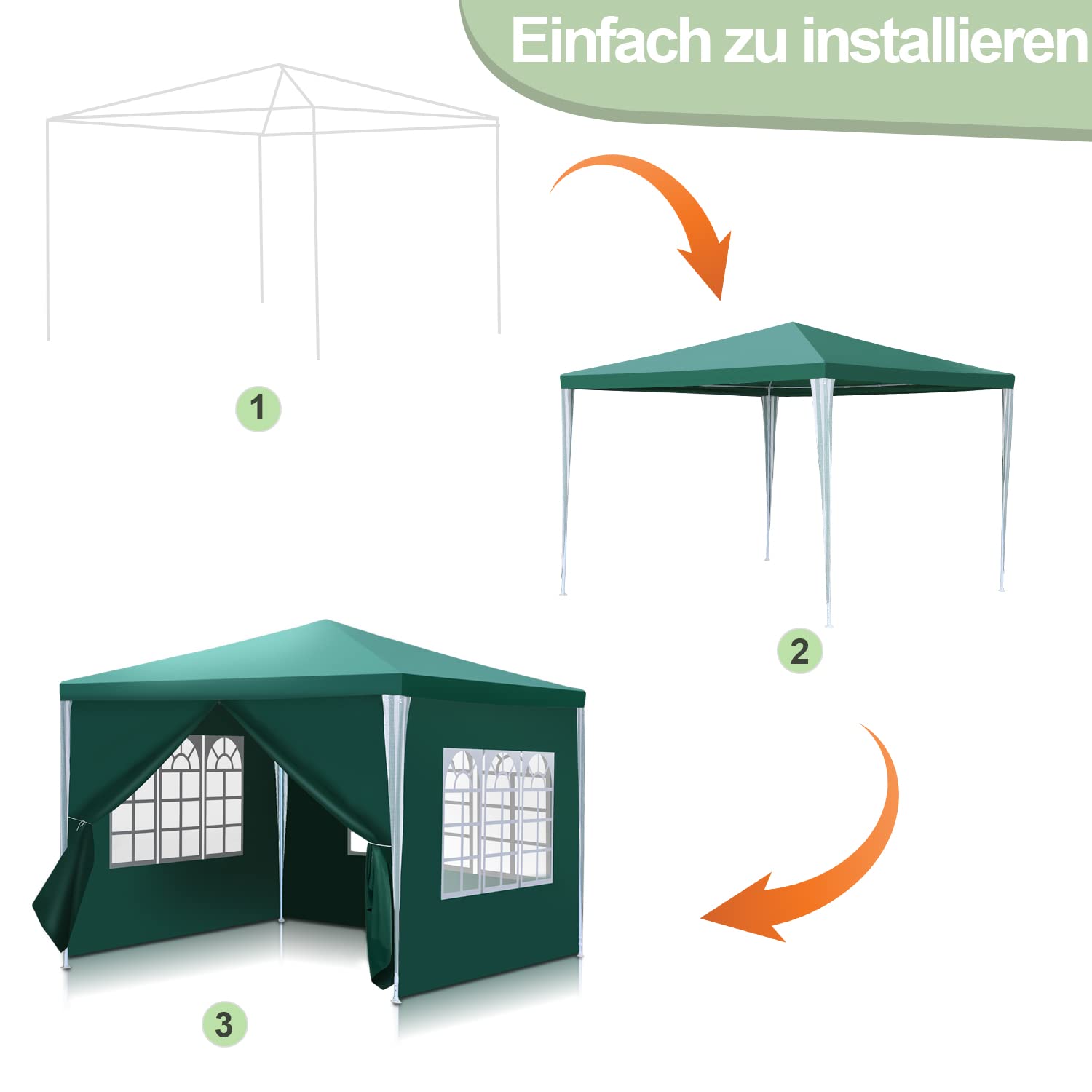 Gazebo 3 x 3 m, impermeabile, stabile, in PE di alta qualità, resistente ai raggi UV, 100 g/m², con 4 parti laterali, colore: verde