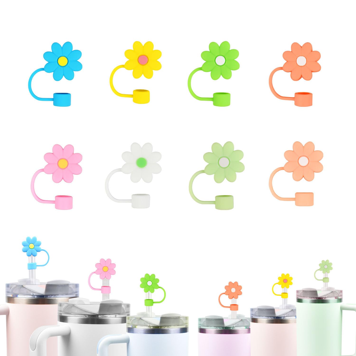 Shimsol 8Pcs 0.4in Silicone Flower Straw Cover Cap,Compatible with Stanley 30&40 Oz Tumbler,Rusable Dust-Proof Straw Tips Lids 8-10mm for stanley Cups Straws Accessories.