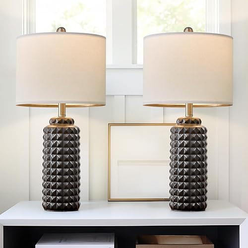 Miniatura 7 de Juego de 2 lámparas de mesa de cerámica modernas de 24.5 pulgadas, color gris oscuro, con patrón de diamante, lámpara de mesita de noche alta,