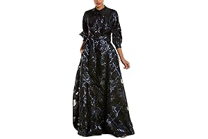 Rickie Freeman 3/4 Sleeve Belted Metallic Jacquard Maxi Shirtdress