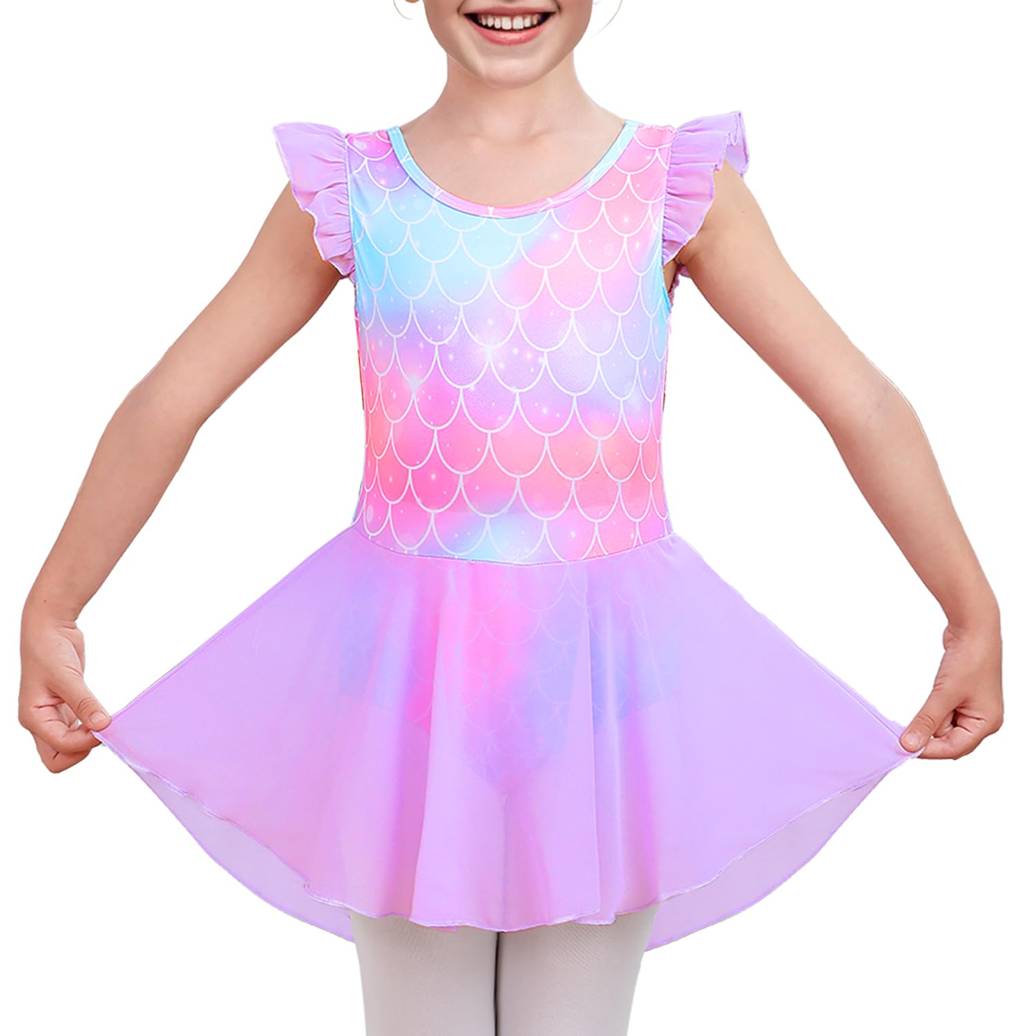 LUOUSE Elegant Girls Ballet Leotard with Skirt - Flutter & Ruffle Sleeves, Perfect for Dance & Gymnastics