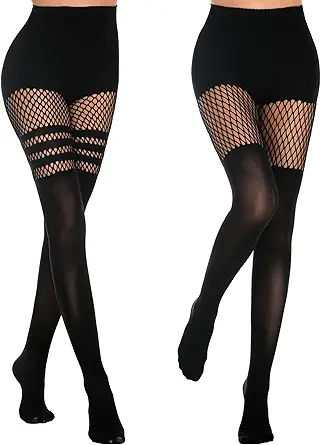 MANZI Womens Faux Thigh High Fishnet Stockings Stitching Opaque Pantyhose Mock Over the Knee Goth Striped Suspender Tights