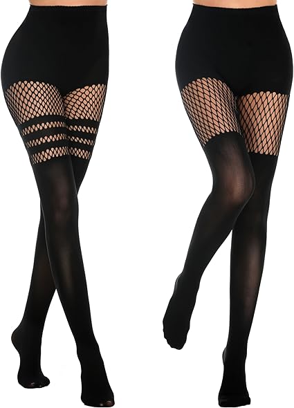 MANZI Womens Faux Thigh High Fishnet Stockings Stitching Opaque Pantyhose Mock Over the Knee Goth Striped Suspender Tights
