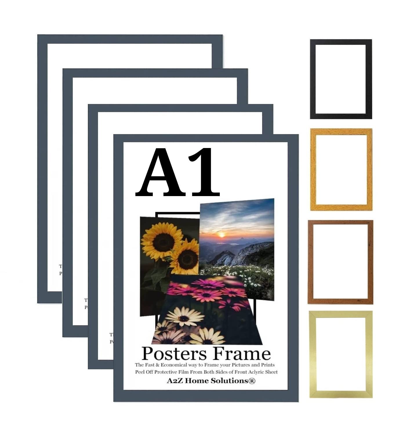 A2Z Home Solutions® Multipack Dark Grey A1 Poster Frames 59.4 x 84.1 cm With Safe Clear Perspex Front & Wall Mounting A1 Frames In Multiple Colors MDF Backboard Portrait or Landscape (4)