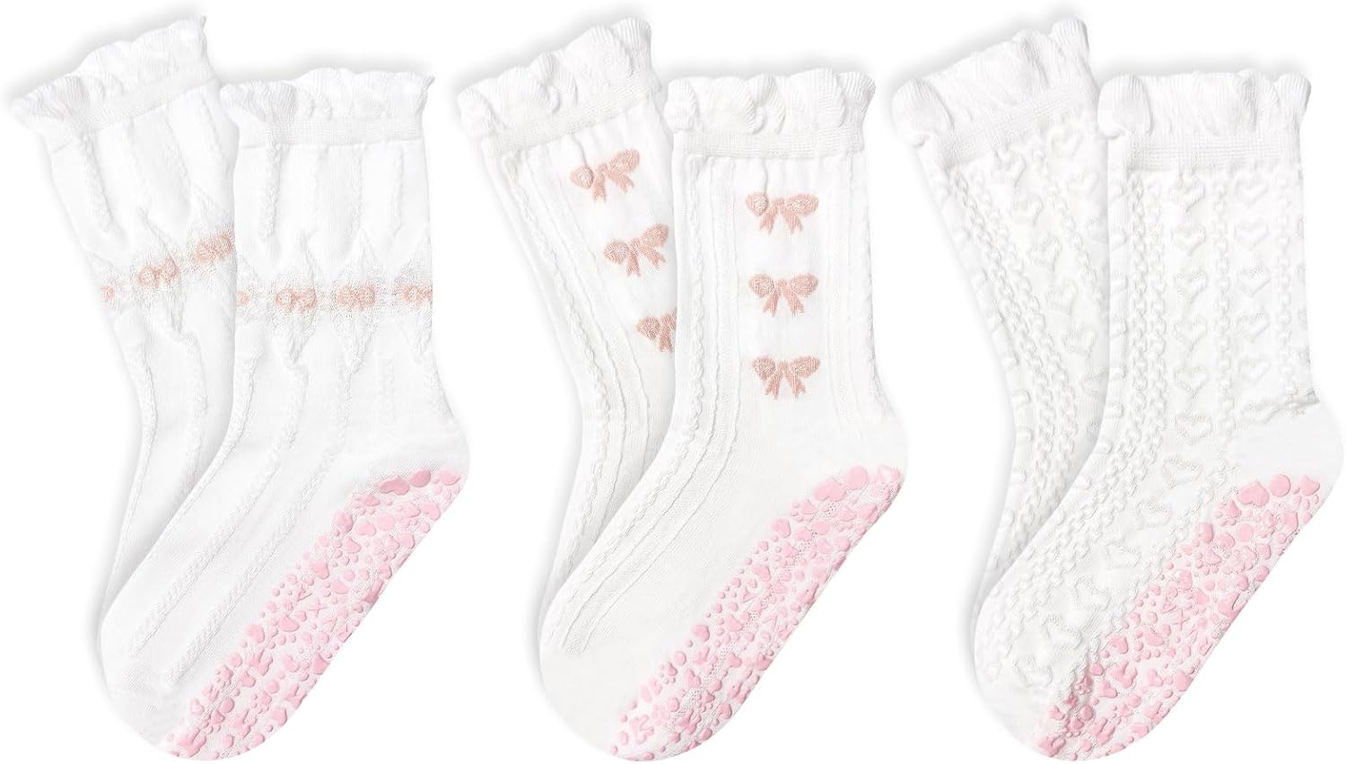 3 Pairs Cute Pilates Grip Socks for Women Ruffle Bow Non Slip Grip Socks Fits for Yoga, Barre, Barefoot