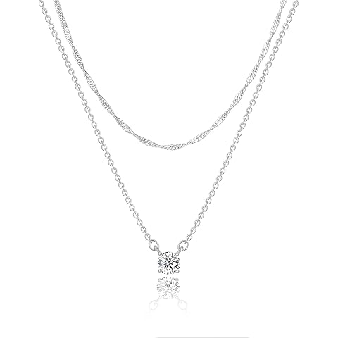 Tewiky Cubic Zirconia Silver Necklaces for Women, Dainty S925 Sterling Silver Choker Necklace Simple CZ Jewelry Necklaces for Women Trendy Gifts