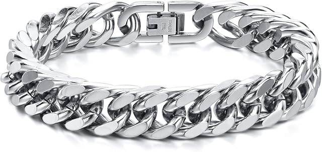 Mens Bracelets Silver Curb Chain : TEMPBEAU Chunky Bracelet for Men Women Stainless Steel 8mm/12mm/15mm 19cm/21.5cm Wrist Bangle Hippop Rapper
