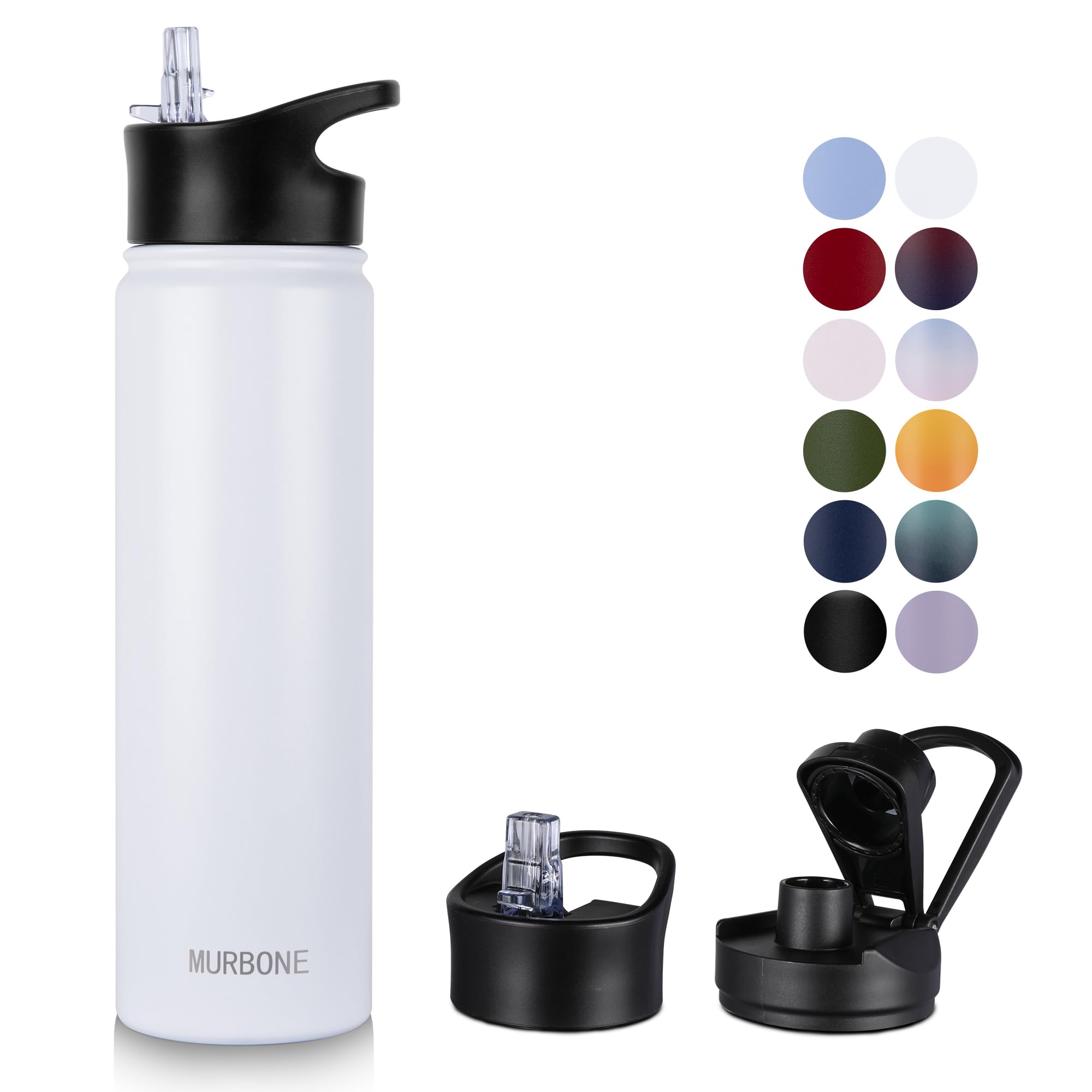 MURBONE Insulated Water Bottle, 750ml Stainless Steel Drink Flask with Straw, BPA Free, 2 Lids (Straw Lid and Spout Lid)