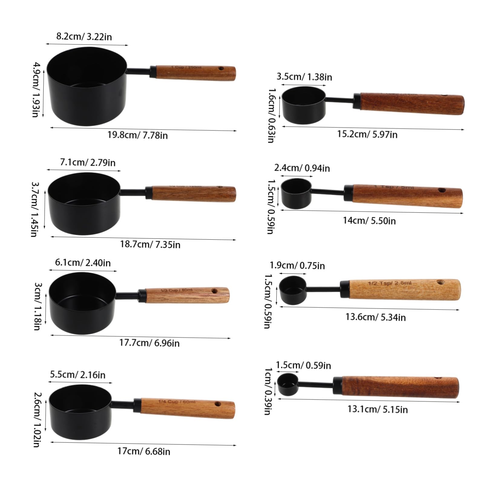 8 Pièces Cuillères Doseuses Inox Manches Tasses à Mesurer pour Ingrédients Secs et Outil Cuisine Pâtisserie Pratique et Élégant Noir
