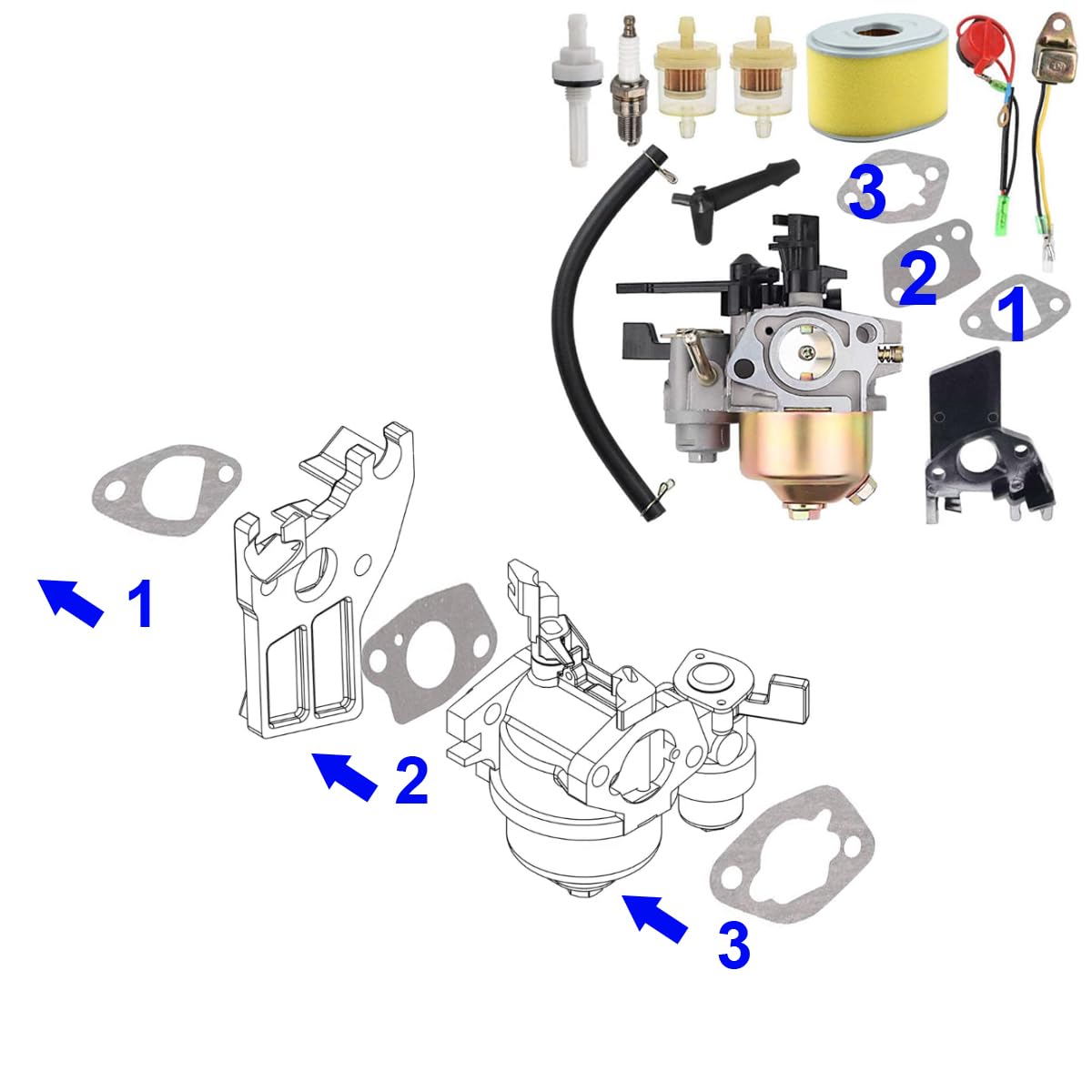 ZAMDOE Kit de carburateur GX160 pour Honda GX200 GX168 GX140 GX120 5.5HP 6.5 HP Moteur WP30X Pompe à Eau Nettoyeur Haute Pression Carb, avec Joints de Montage