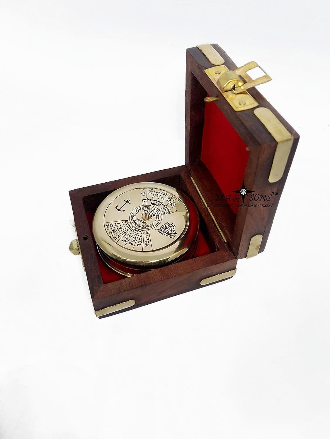 M.A & SONS Personalize Brass 100 Years Calendar Compass with Wood Box Campign Hiking Direction Compass 3