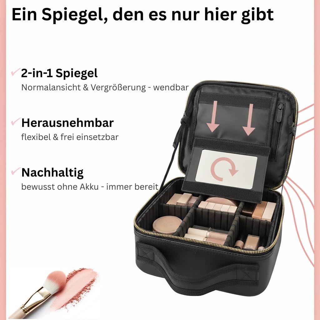 Premium Kosmetiktasche mit Spiegel (normal & Vergrößerung) – Make Up Tasche mit Spiegel – Schminktasche – Kosmetikkoffer - Schminkkoffer Damen