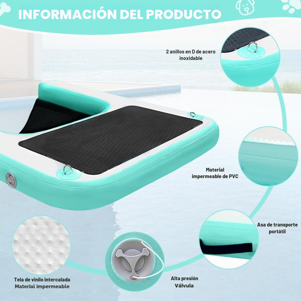 Rampa de Piscina para Perros, rampa Inflable para Botes para Perros, Escalera Flotante Inflable de EVA Antideslizante para Piscinas, Barcos, muelles, Acceso Seguro y fácil al Agua para Perros Grandes