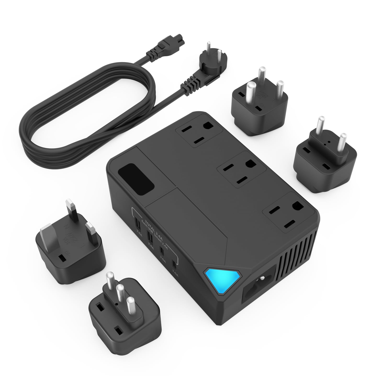 Voltage Converter Us to Europe and Power Converter Combo, 2300w 220v to 110v Step Down Converter, Travel Converter for Hair Dryer, 4 Plug Powe Adapter, Universal Travel Adapter for UK Italy, (Black)