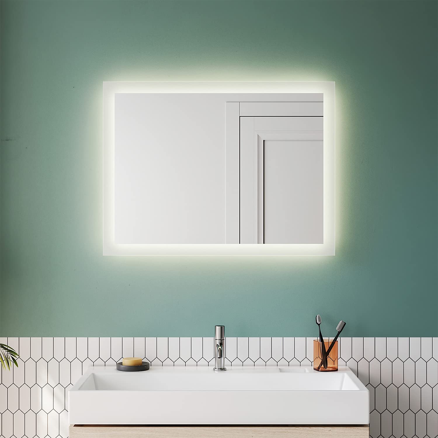 SUNXURY Espejo de baño con iluminación, 80 x 60 cm, LED, blanco cálido, espejo con iluminación, interruptor de pared, espejo de baño, 4000 K, IP44, ahorro de energía
