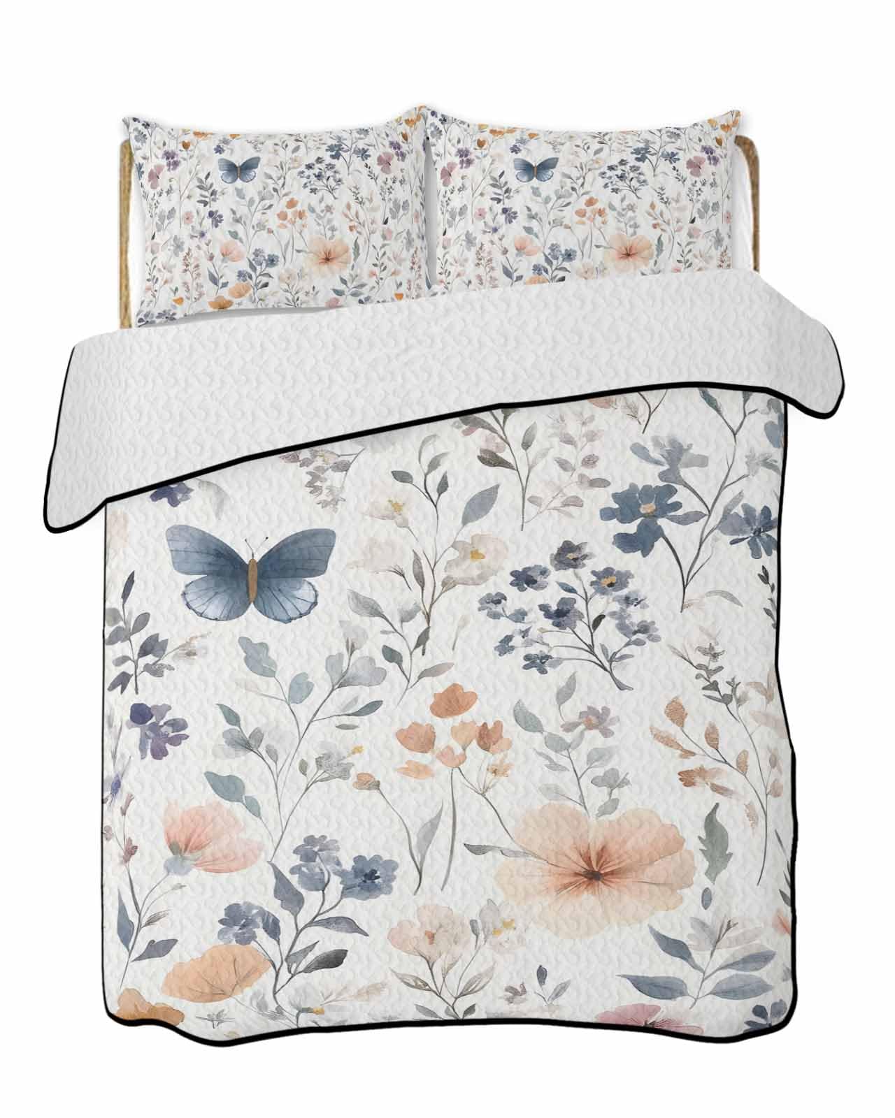 3-Piece Summer Quilt King Size, Watercolor Flower Lightweight Cooling Bedding Comforter Blanket with 2 Pillow Shams, Spring Farm Leaf Country Retro Plant Bedspreads Quilted Coverlet Sets 96