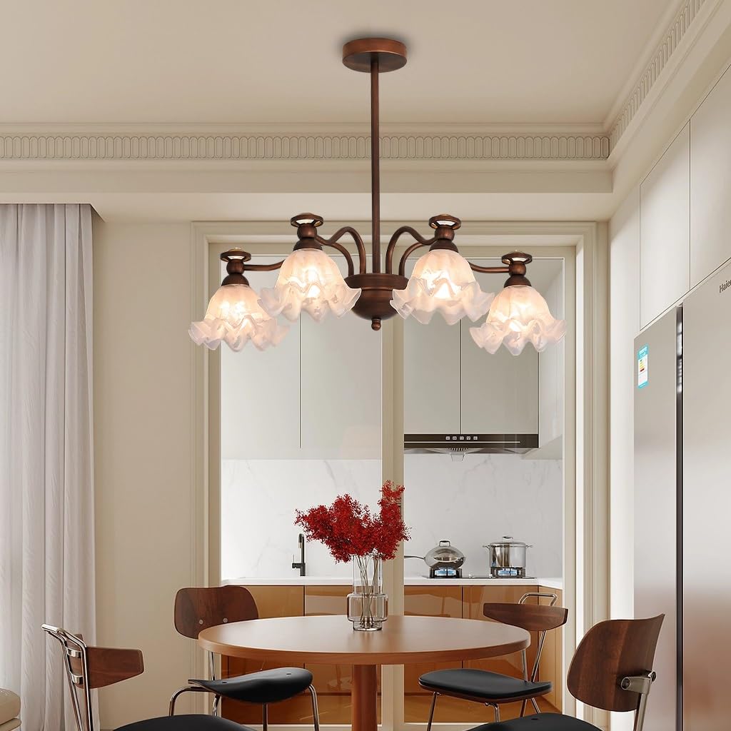 VTAMng Vintage glass chandelier 8 lights Bronze ceiling lamp flower shape lampshade antique metal Pendant Light suitable for farmhouse restaurant kitchen living room entrance hall bedroom Hanging Lamp