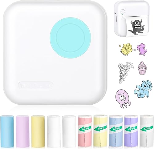 Mini impresora Bluetooth de bolsillo, impresora térmica portátil con 10 rollos de papel para diarioálbum de recortes de bricolaje, viajes, notas,