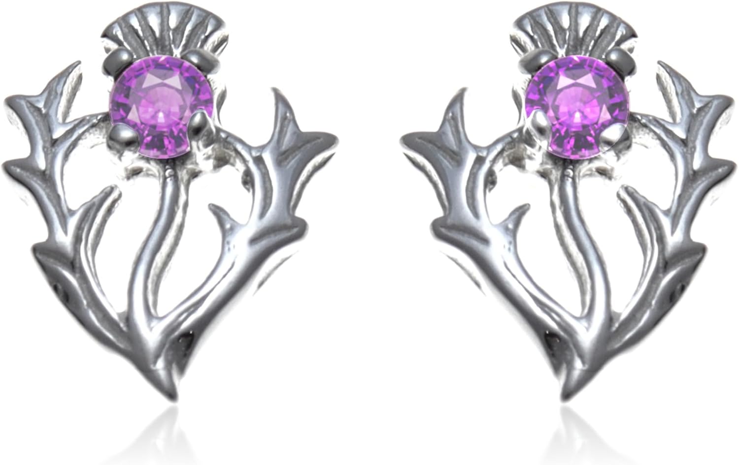 Alexander Castle 925 Sterling Silver Scottish Thistle Genuine Amethyst Earrings - 12mm x 10mm Stud Earrings with Jewelry Gift Box - Purple Earrings for Women