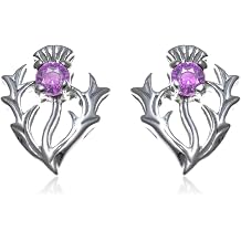 Alexander Castle 925 Sterling Silver Scottish Thistle Real Amethyst Earrings - 12mm x 10mm Stud Earrings with Jewelry Gift Box - Purple Earrings for Women