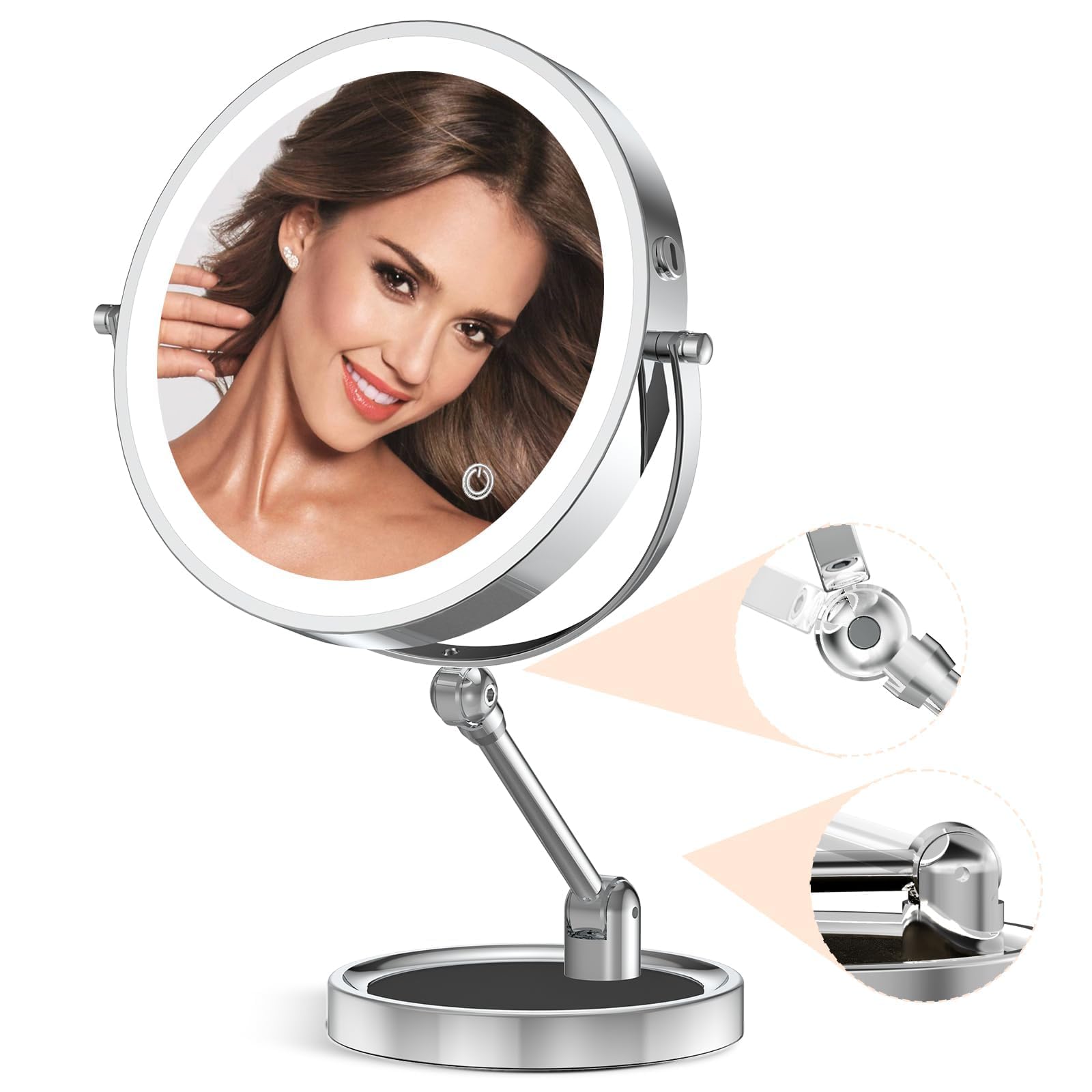 Photo 1 of Rocollos Tabletop Makeup Mirror with Built-in Vanity Tray, 9" Rechargeable 4000mAh Lighted Vanity Mirror 1X/10X Magnification, Height-Adjustable Arm, 3 Color Dimmable (9Inch Chrome)