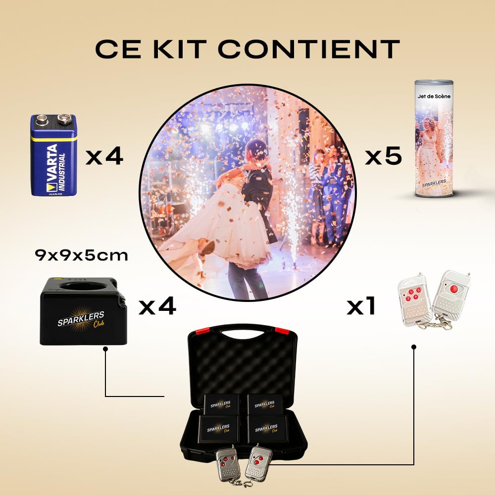 SPARKLERS CLUB Pack 4 Déclencheurs + 5 Jets de Scène 3 Mètres 30 Secondes couleur Argent - Pile et Télécommande Inclus - Jet de scène artifice d'Intérieur à Étincelles pour Mariage - Catégorie F1