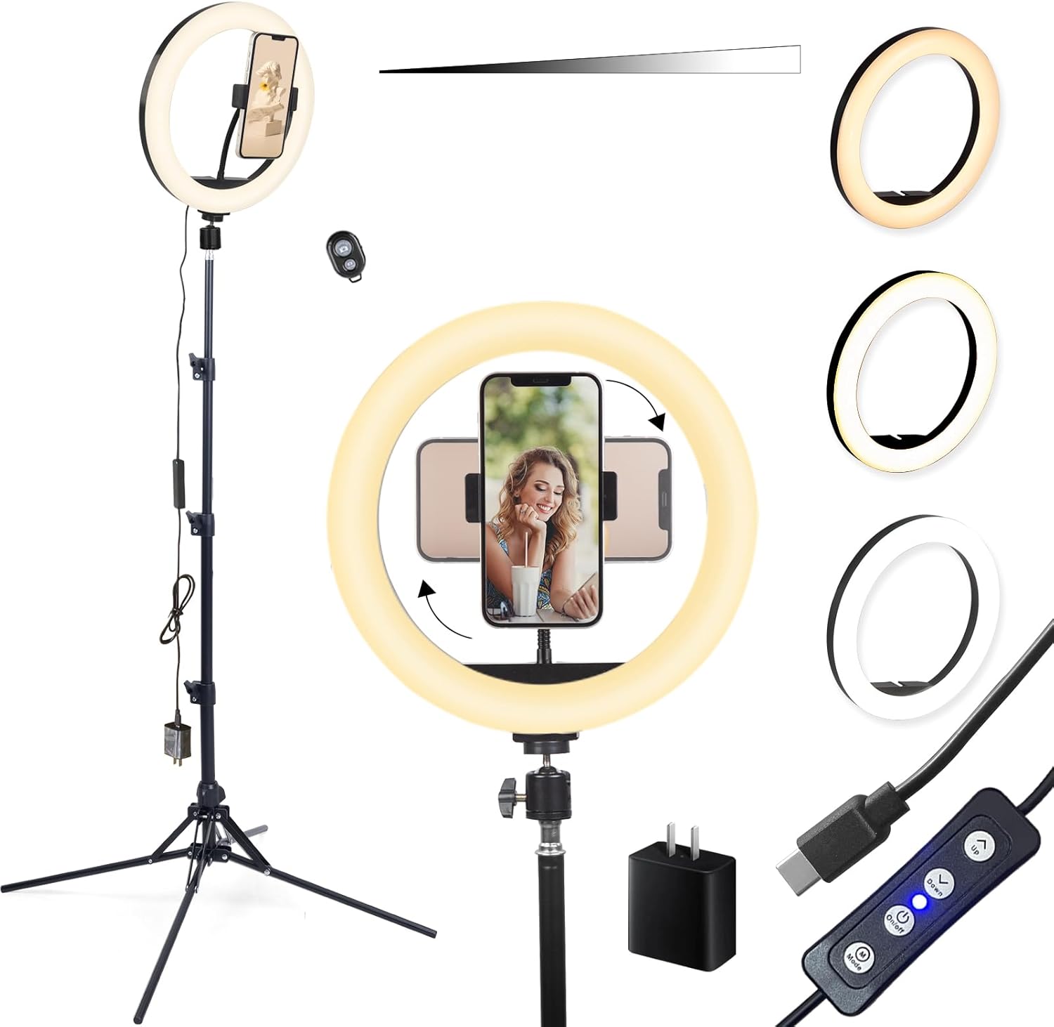 10.2" Power 24W LED Ring Light, Adjustable Color and Brightness, with 74 inch Tall incluing Stand,Ball Head and Phone Clip, You can take Photos, Record Video, Live Broadcast and so on (R10D24)