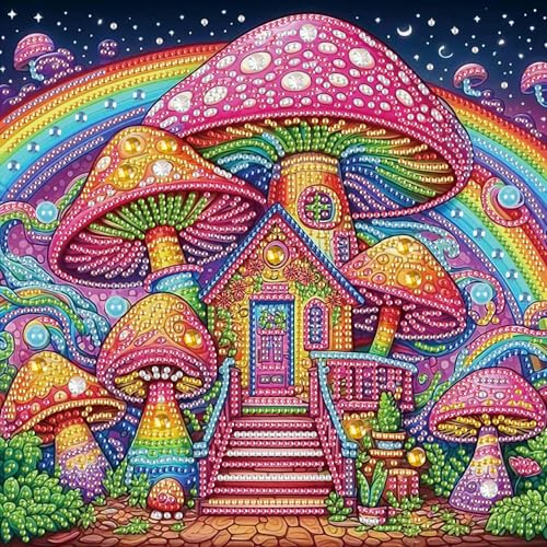 Image of AiYuanzsh Mushroom House Diamond Art Painting Kits for Adults, 5D Special Shape Diamond Art Kits for Beginners, Crystal Rhinestones Diamond Art Painting for Home Wall Decoration Gift 12x12 inch