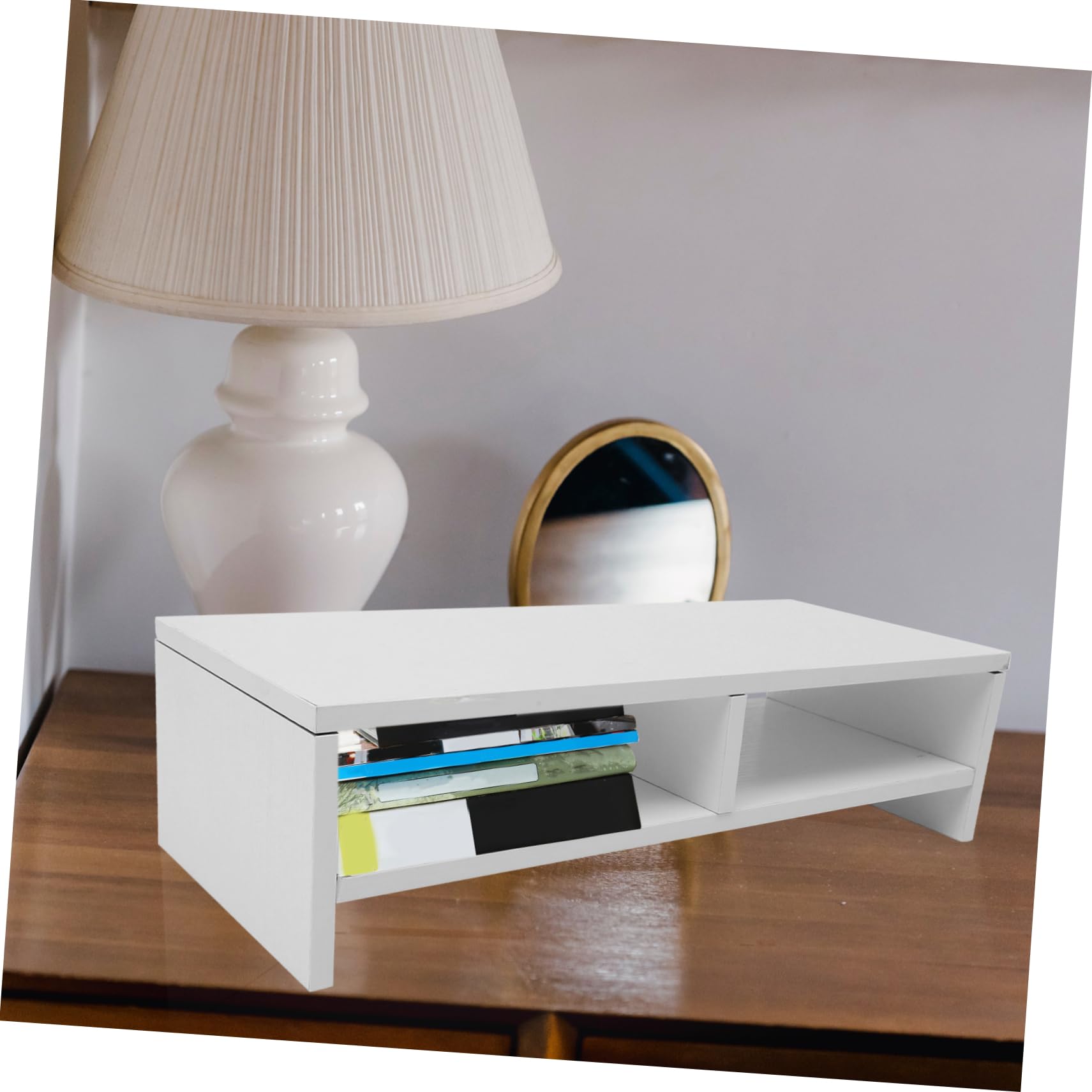 Supporto per Monitor da Scrivania in Legno Bianco Design a Doppio Strato, Rialzo per Computer e Laptop, Organizza Lo Spazio Ufficio in Modo Efficiente e Ordinato