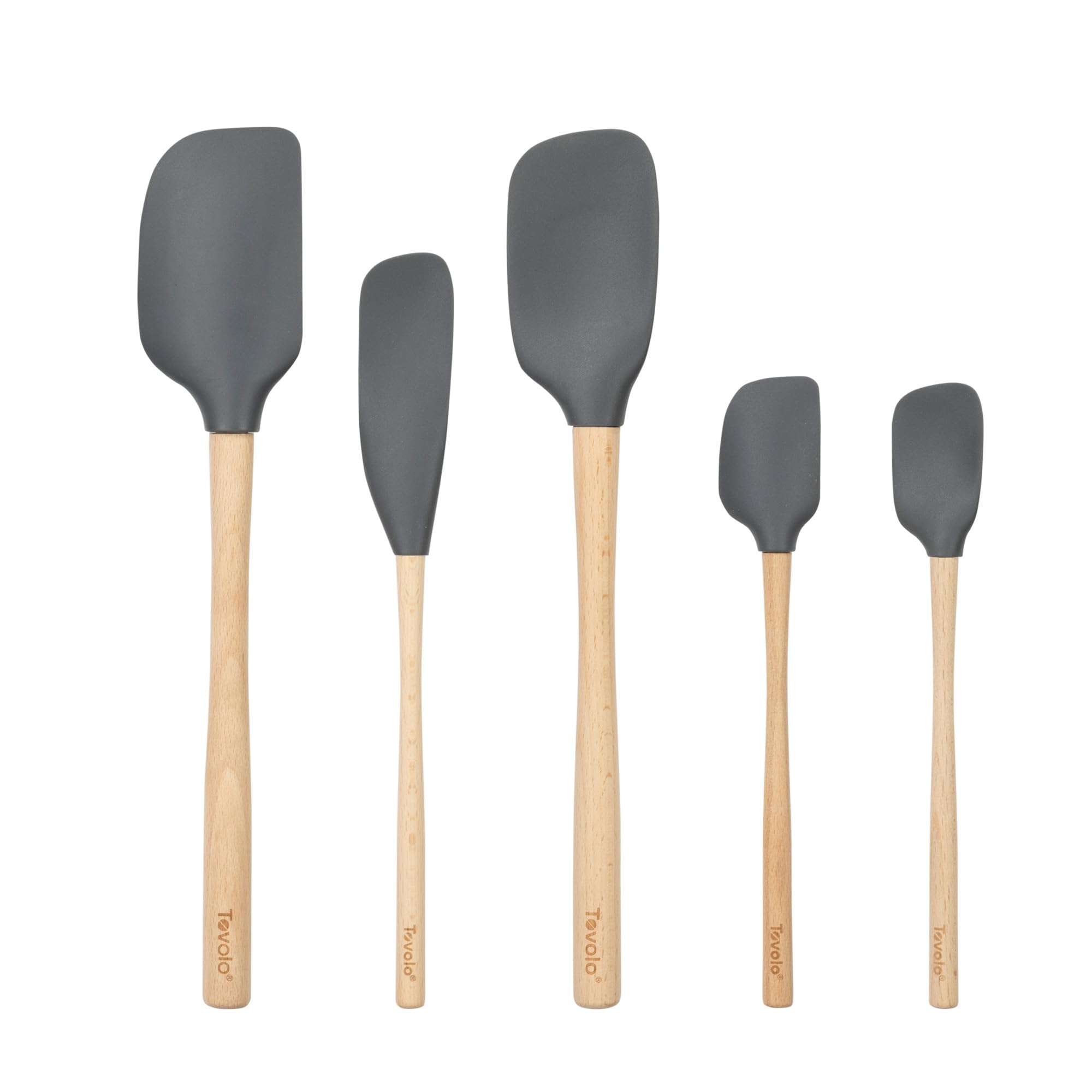 Tovolo Silicone Spatula with Wooden Handle Set of 5 Piece Silicone Kitchen Utensil Set Spoonula Jar Scraper Mini Spatula and Spoonula for Cooking Baking Mixing Folding Charcoal Gray