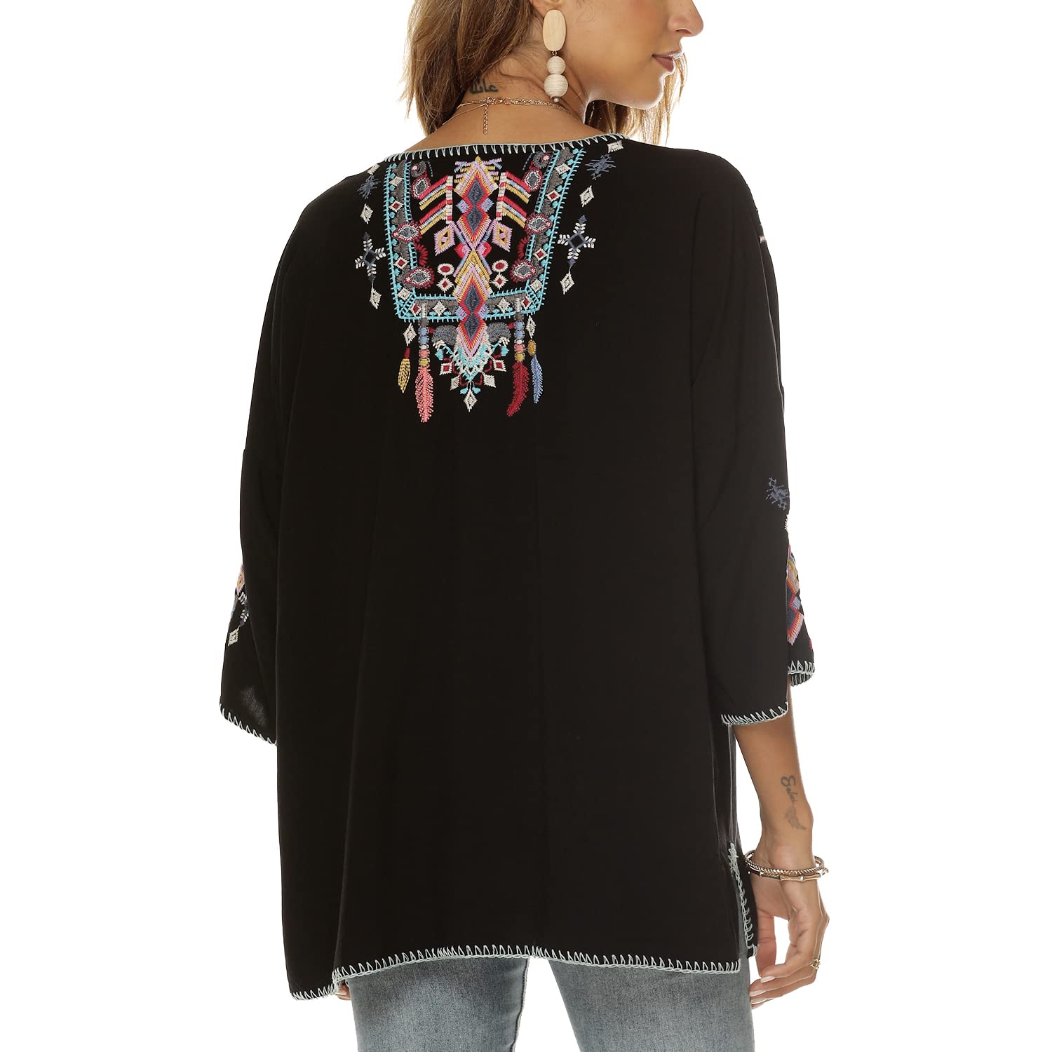 Boho Stickerei Bluse Hippie Kleidung Damen 70er 80er Jahre Bekleidung Bohemian Folklore Besticktes Tunika 3/4Ärmel elegant Oberteile