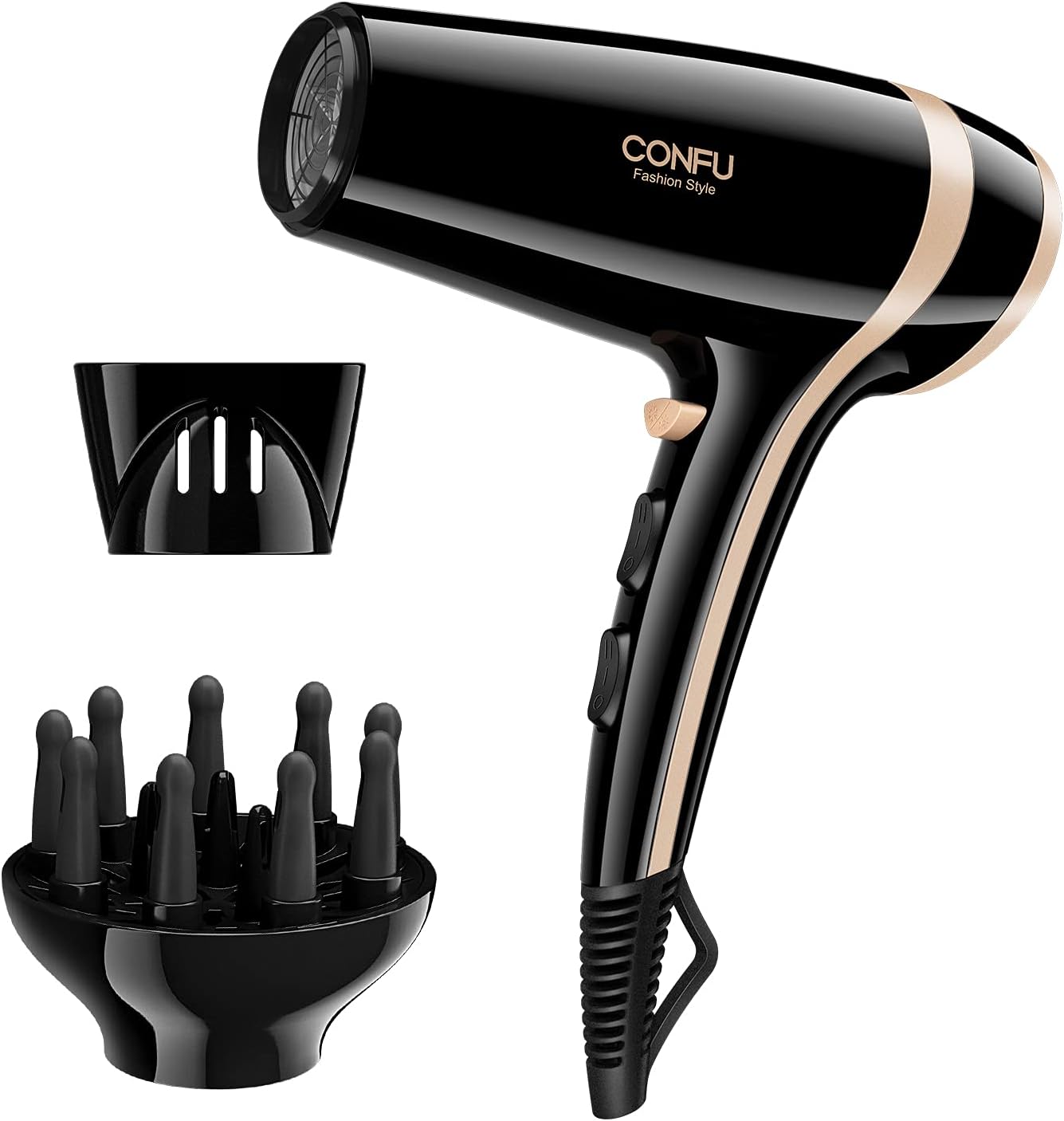 Hair Dryer with Diffuser,1875W Professional Powerful BlowDryer, DC Motor Ionic Blow Dryer with Adjustable 2 Speed, 3 Heat Settings, 5 Mins Fast Drying,with Diffuser & Nozzles for Women&Men—CONFU